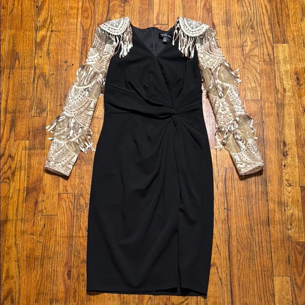 TADASHI SHOJI Women's Alvin Sequin Fringe Statement Sleeves Ruched Black Dress S